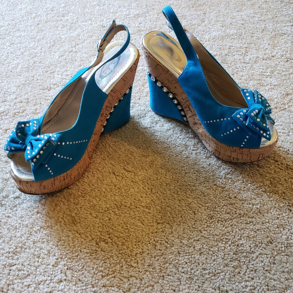 Turquoise and Rhinestone Platform Wedges